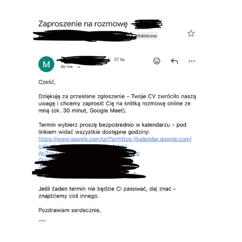 Prawdziwy e-mail z zaproszeniem na rozmowę rekrutacyjną
