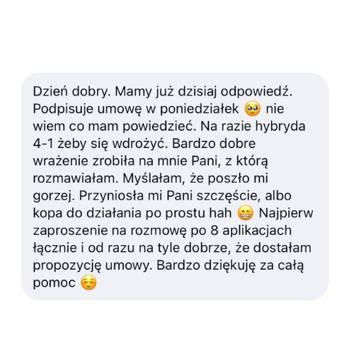 Wiadomość od czytelniczki o zaproszeniu na rozmowę i podpisaniu umowy