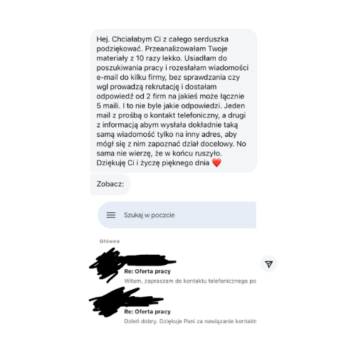 Wiadomość od czytelniczki o odpowiedziach na wysłane zgłoszenia